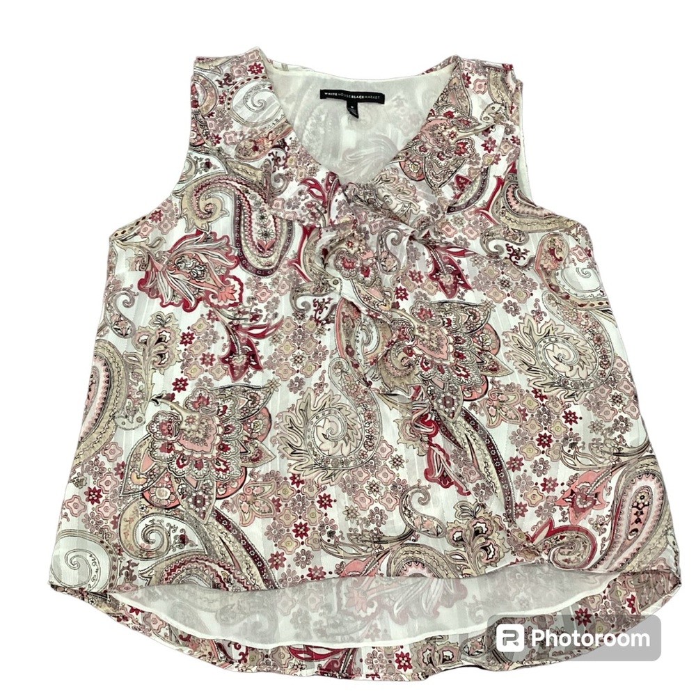 White House Black Market Pink/Tan Paisley V-neck Ruffled Top